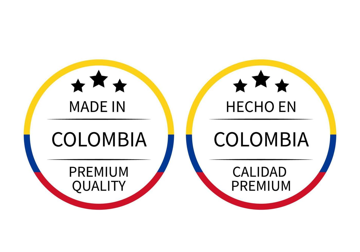 Made in Colombia round labels in English and in Spanish languages. Quality mark vector icon. Perfect for logo design, tags, badges, stickers, emblem, product package