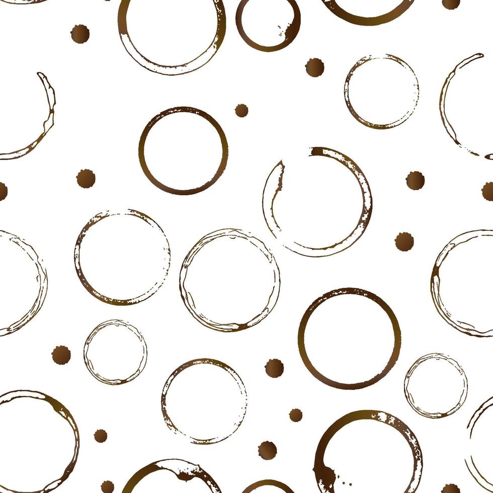 Brown shape of coffee stains and drop splashes seamless pattern. Coffee cup bottom rings isolated on white. Grunge circles and splatter. Easy to use vector background for caf or restaurant menu.