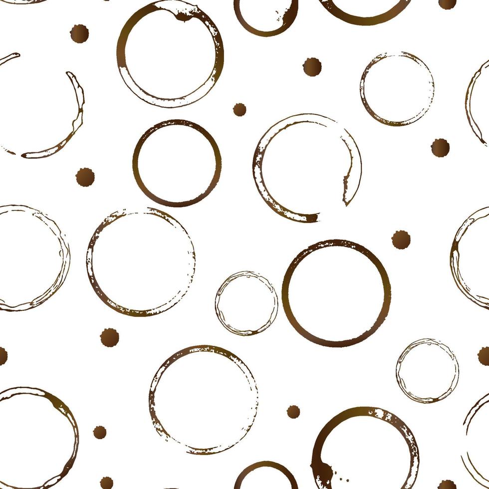 Coffee stains seamless pattern. Brown shape of coffee cup bottom rings and drop splashes isolated on white. Grunge circles and splatter. vector