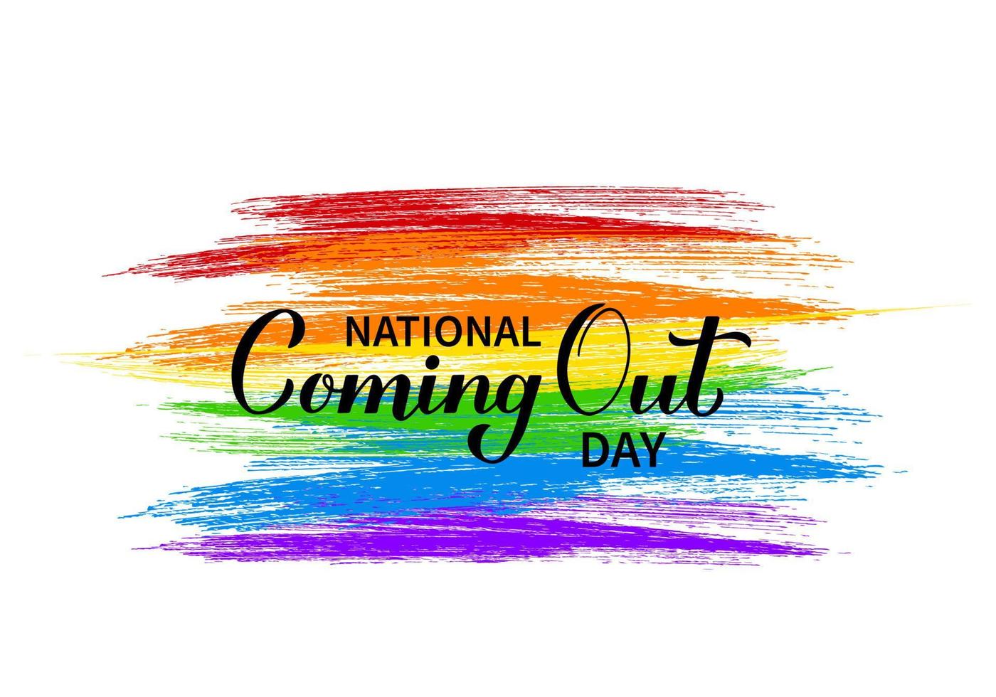 Letras de mano de caligrafía del día nacional de salida con la bandera del arco iris. vacaciones anuales en estados unidos el 11 de octubre. concepto de comunidad lgbt. plantilla de vector para banner, cartel de tipografía, pegatina, camiseta