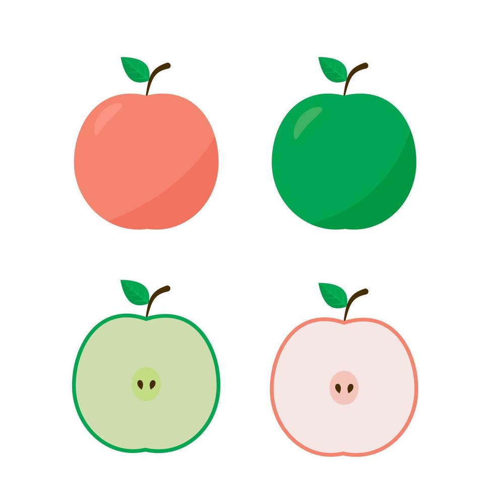 icono de manzana estilo plano entero y medio aislado sobre fondo blanco. concepto de alimentos orgánicos naturales. Ilustración de vector de frutas frescas.