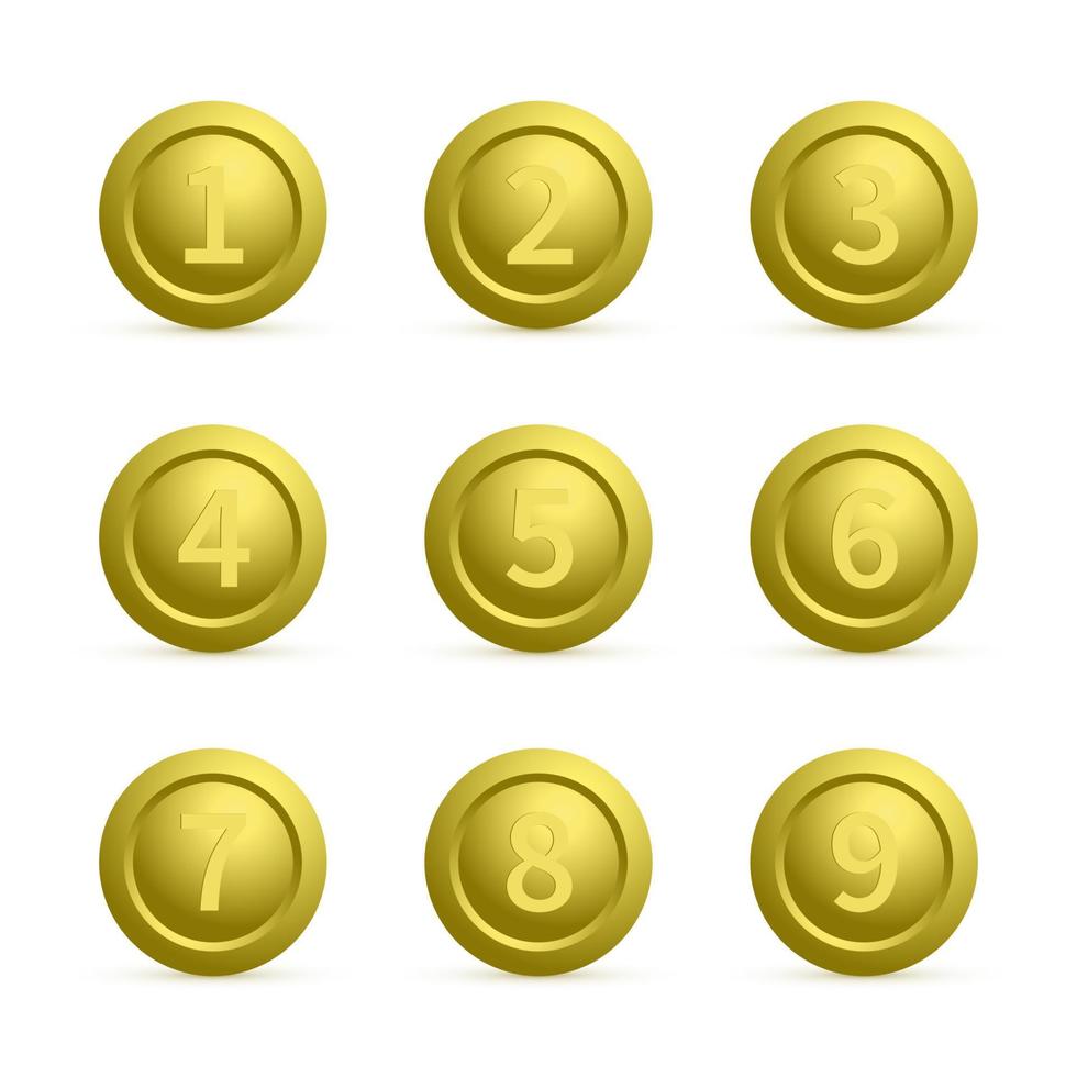 Set of gold round buttons with numbers from 1 to 9 with shadows. Golden buttons isolated on white. Numbered badges vector icons. 3d keys for websites and mobile applications