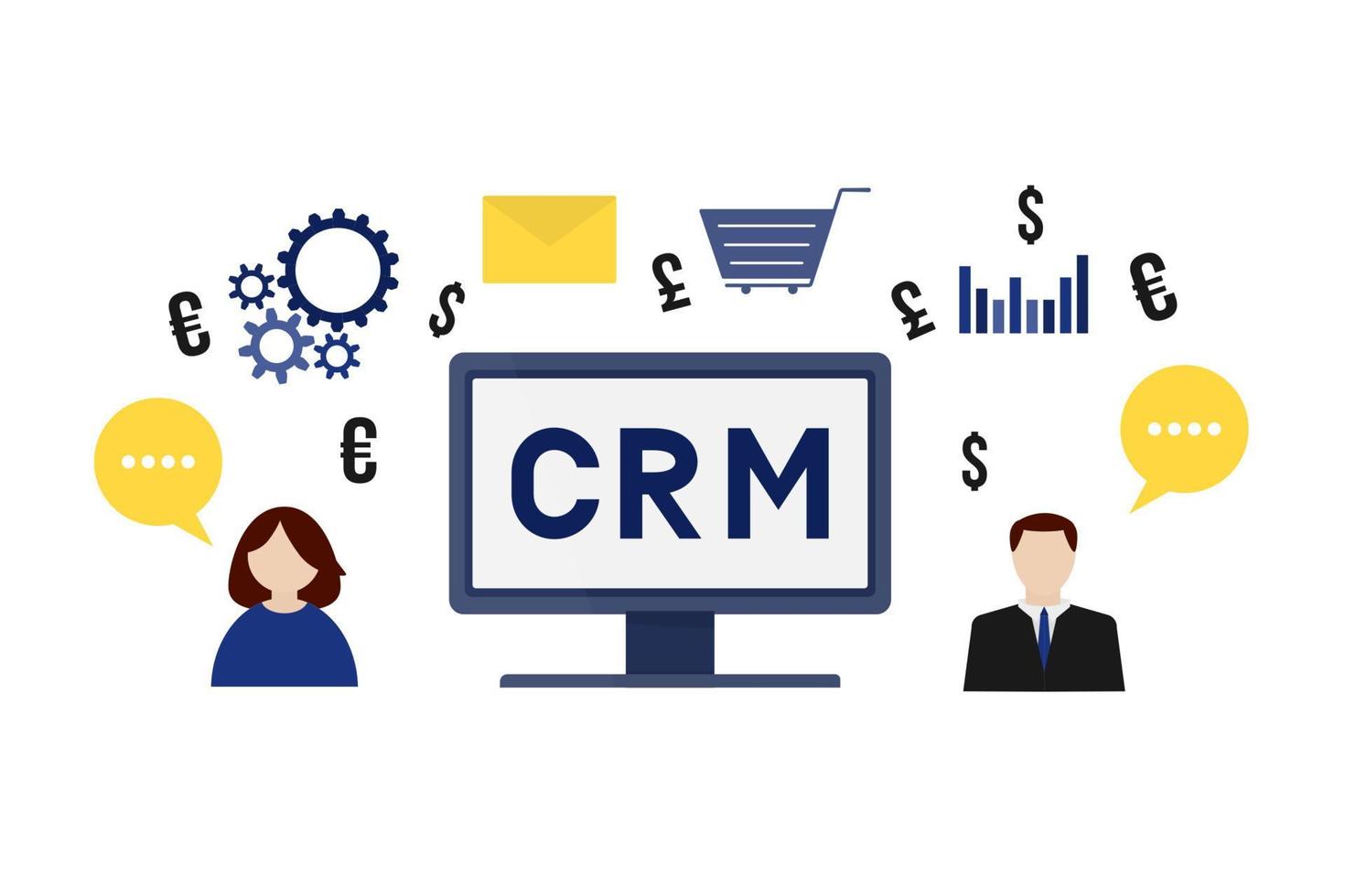 CRM lettering on the computer screen. Customer relationship management vector illustration. Software for working with clients. Modern technologies of business automation.