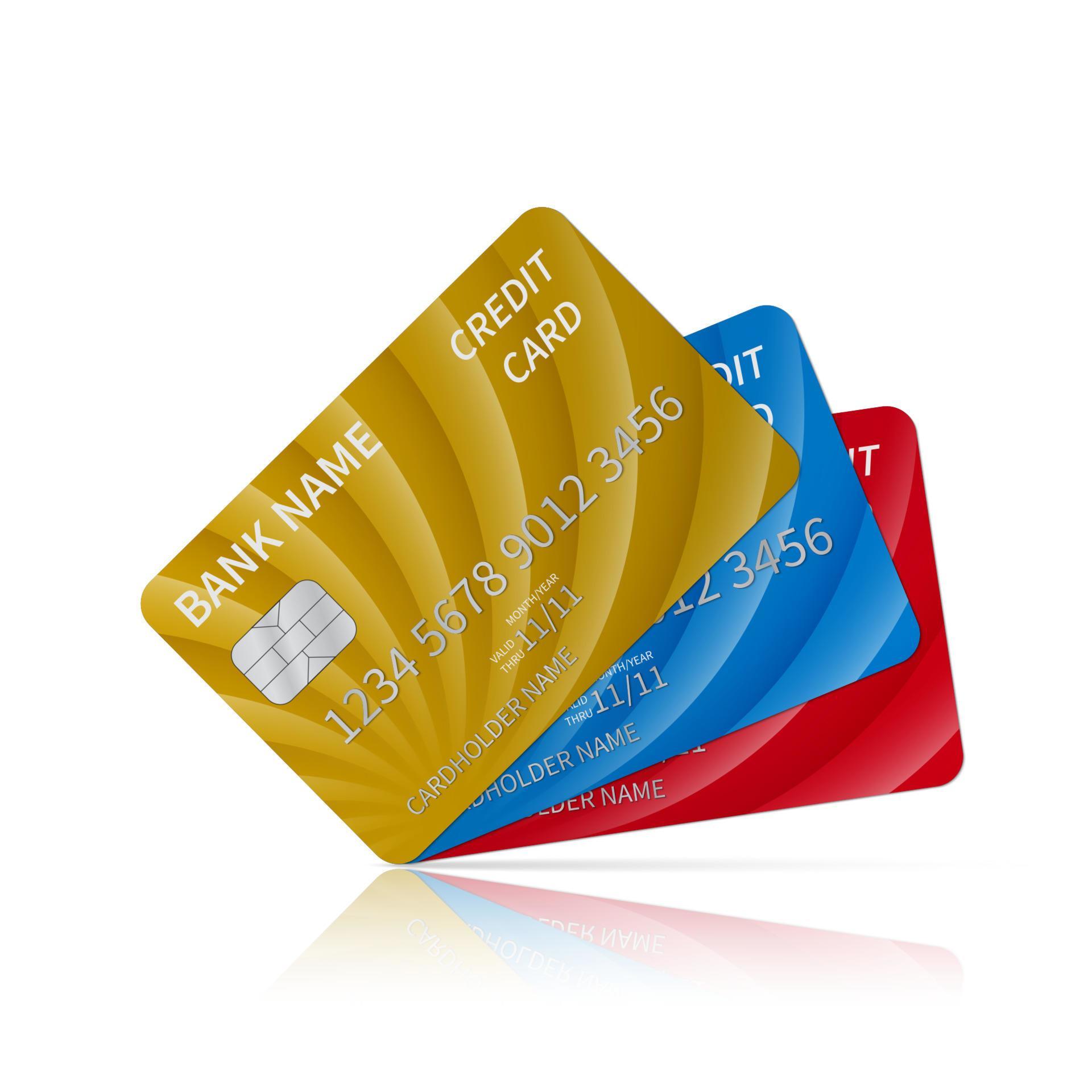 Three realistic glossy credit cards with reflection isolated on white