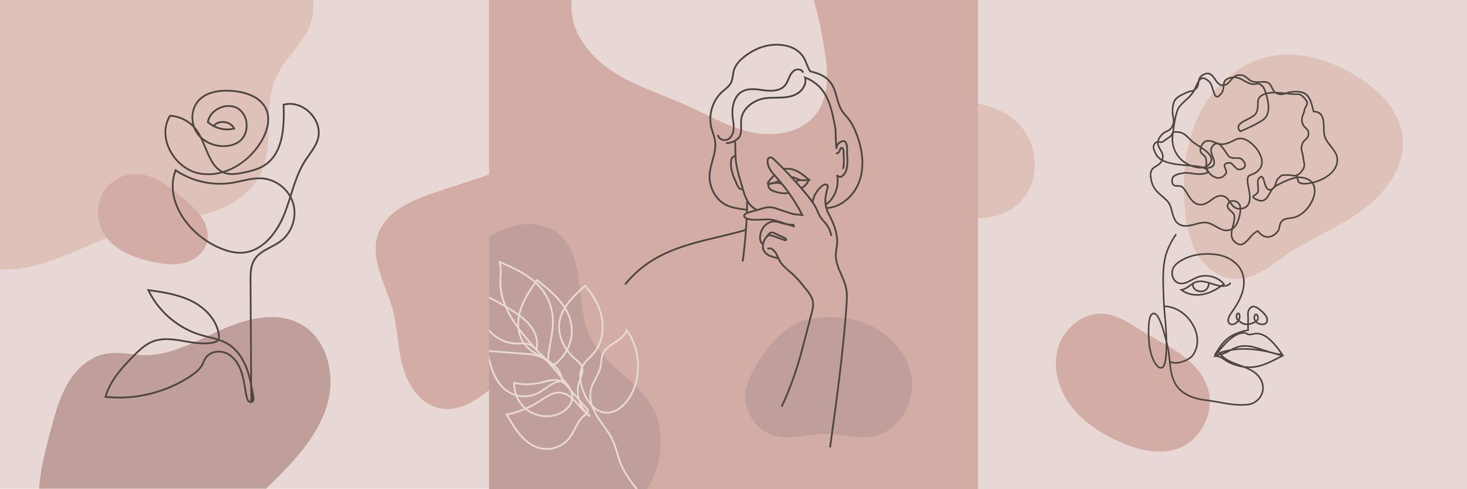 Vector beauty backgrounds, social media stories, posts feed layouts. Set of illustrations with one line continuous woman face and leaves, flowers. Contemporary collage with spots, square shape.