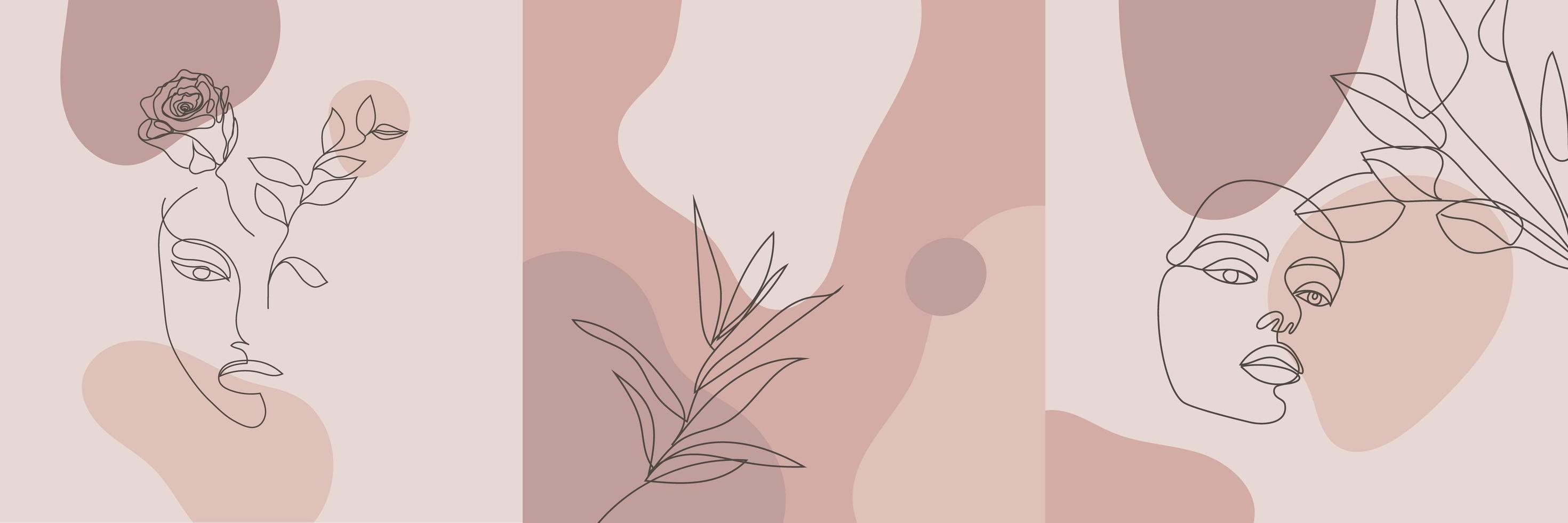 Vector beauty backgrounds, social media stories, posts feed layouts. Set of illustrations with one line continuous woman face and leaves, flowers. Contemporary collage with spots, square shape.