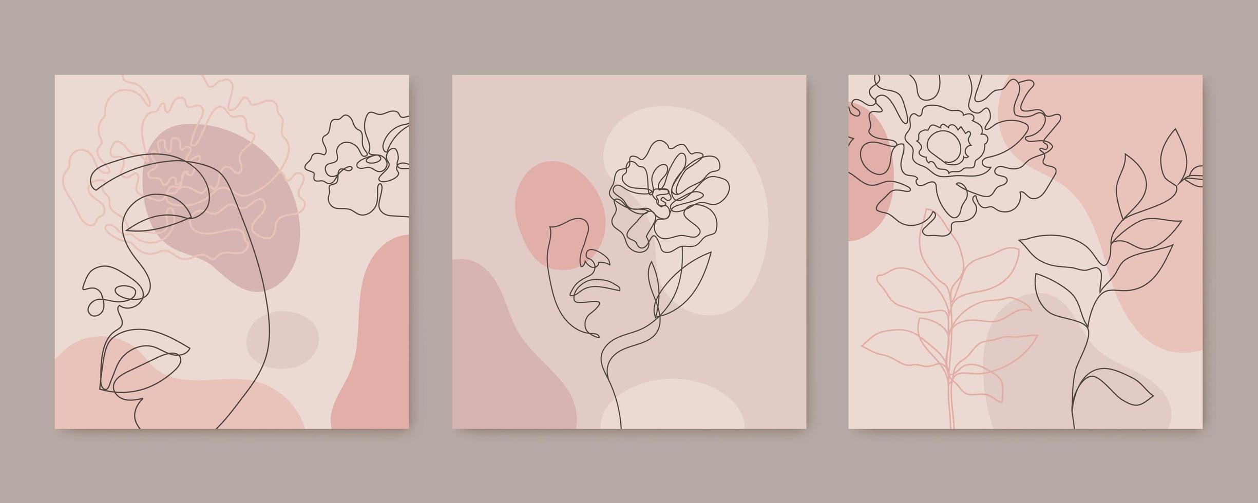 Vector beauty backgrounds, social media stories, posts feed layouts. Set of illustrations with one line continuous woman face and leaves. Contemporary collage with geometric shapes