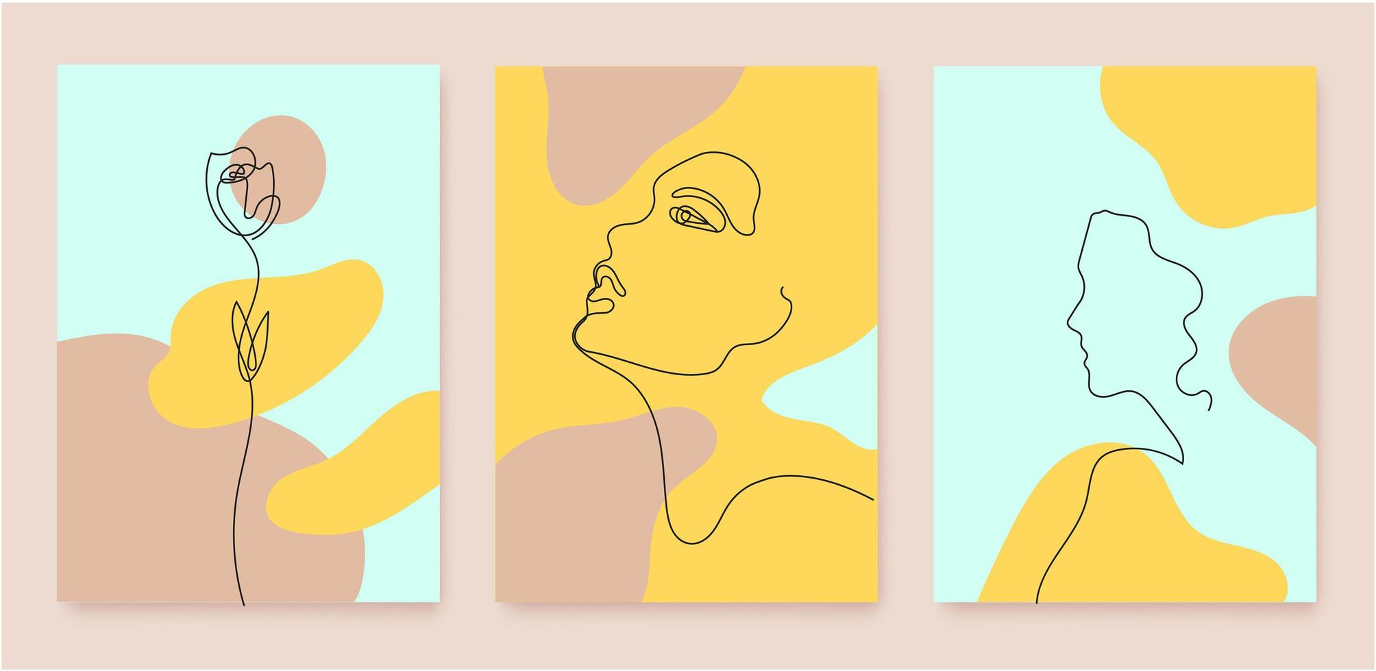 Vector set of abstract beauty and fashion linear covers, posters, banners, flyers with linear continuous line woman portrait, flowers. Art, illustration with wavy flow background.