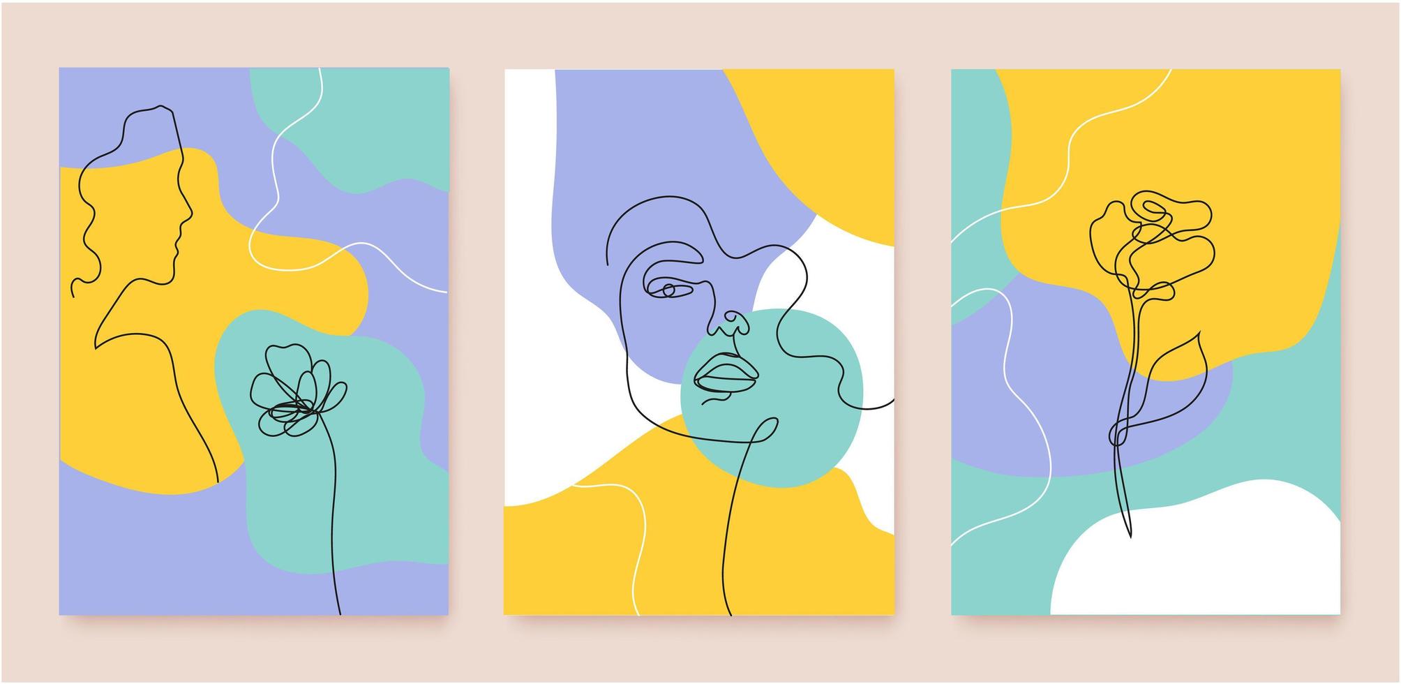 Vector set of abstract beauty and fashion linear covers, posters, banners, flyers with linear continuous line woman portrait, flowers. Art, illustration with wavy flow background.