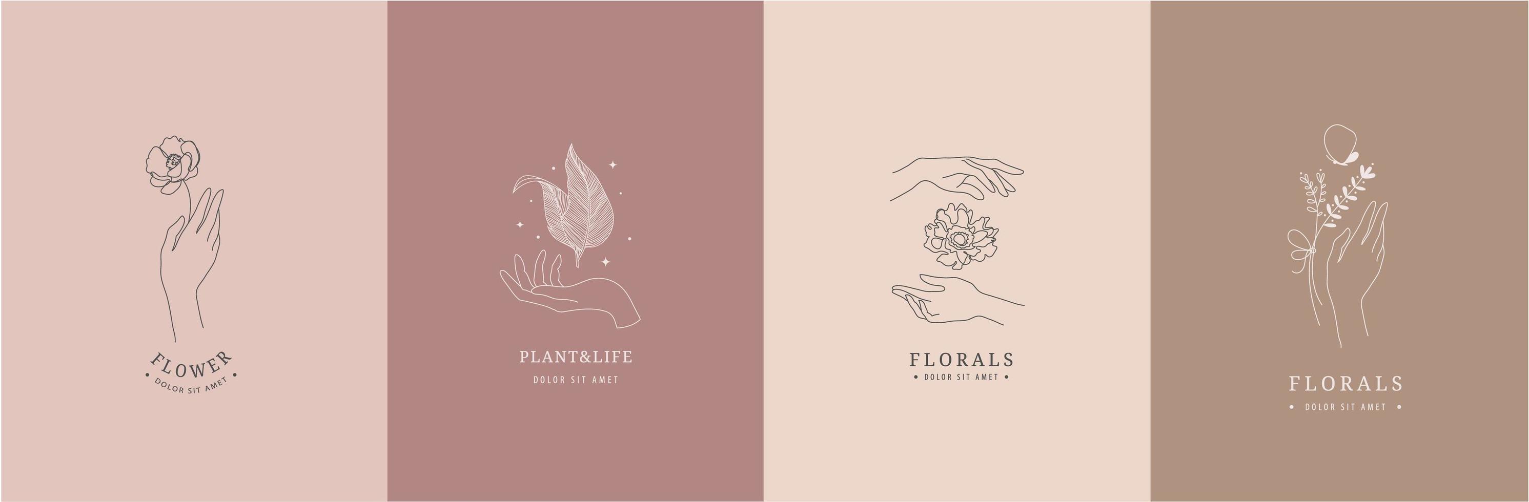 conjunto de vectores de gestos de manos femeninas colección de ilustraciones de estilo dibujado a mano de arte lineal. manos sosteniendo flores, plantas. logotipos florales, iconos de línea, marca.