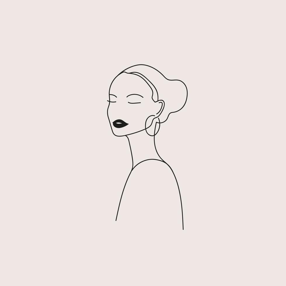 Vector minimalist linear woman illustration, abstract continuous line drawing face. Modern one line art, female portrait. Use for social net, poster, wall art, tote bag, t-shirt print, sticker