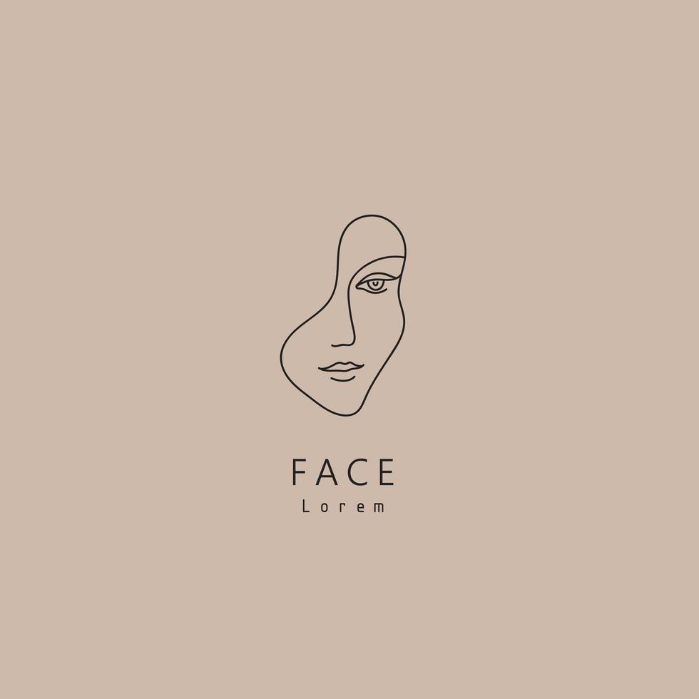 vector cara mínima, logotipo artístico lineal. red social, emblema para estudio de belleza y cosmética - retrato femenino, rostro de mujer hermosa - insignia para maquilladora, moda.