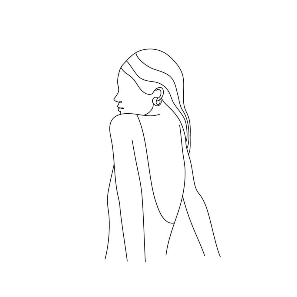 vector retrato de estilo minimalista. línea, retrato de mujer lineal continua, cuerpo, sentado atrás impresión femenina abstracta. uso para historias de redes sociales, logotipos de belleza, ilustración de carteles, tarjetas