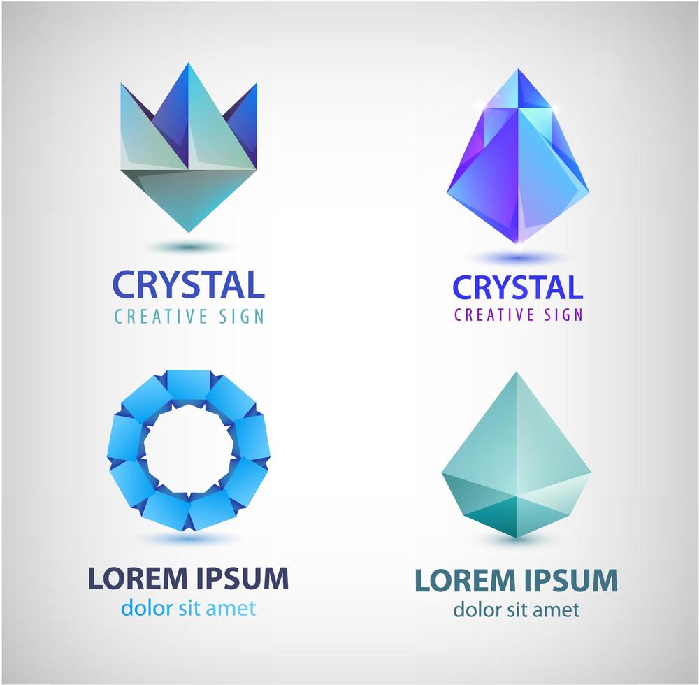 Vector collection of geometric polygon logos, abstract facet crystal gem icons, circle loop