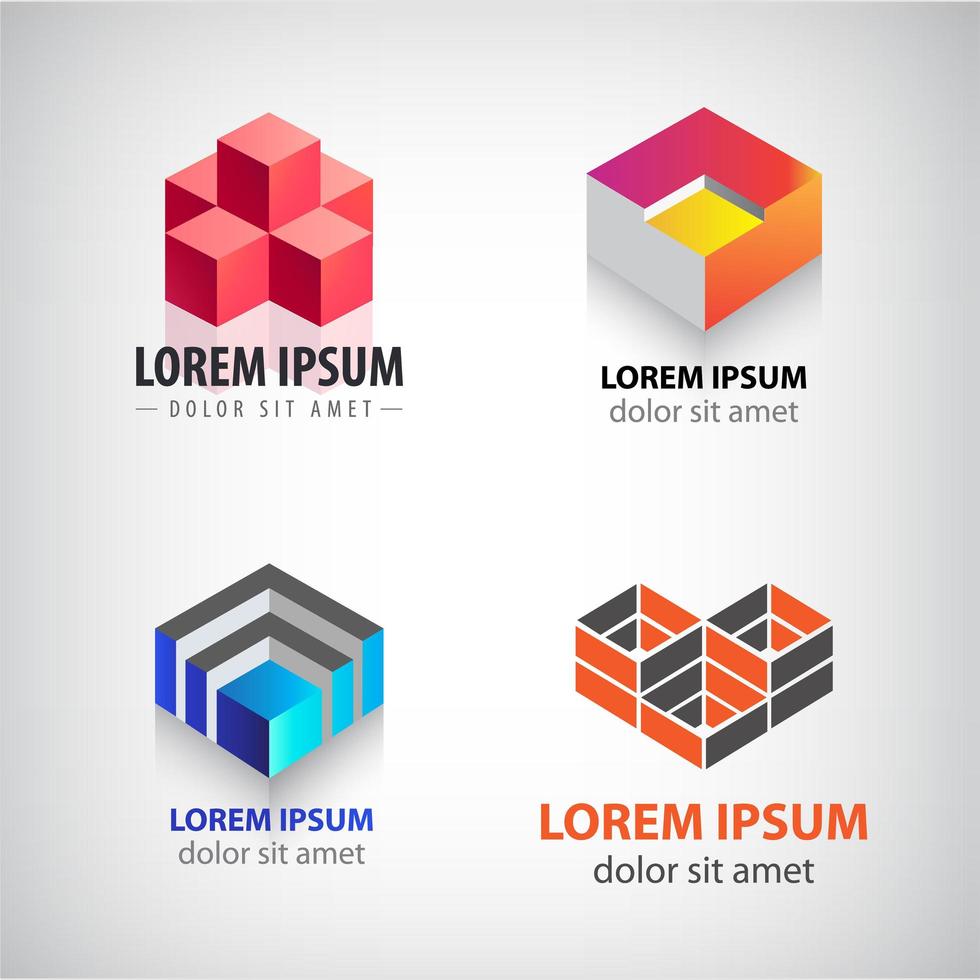 Vector set of 3d cube, geometric structure logos. Building, architecture, blocks colorful icons.