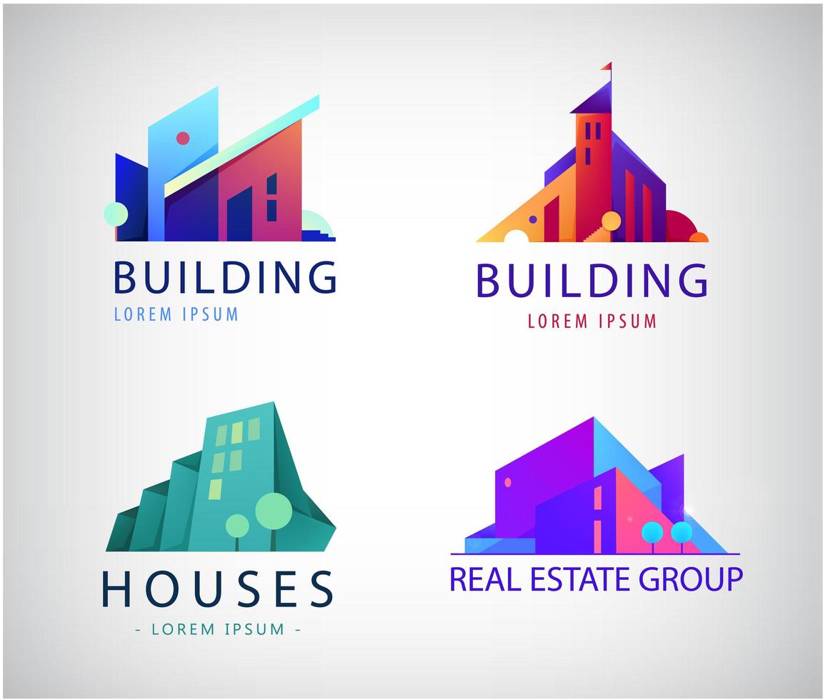 conjunto de vectores de logotipos coloridos de bienes raíces, iconos de la ciudad y el horizonte, ilustraciones. conceptos de construcción de arquitecto