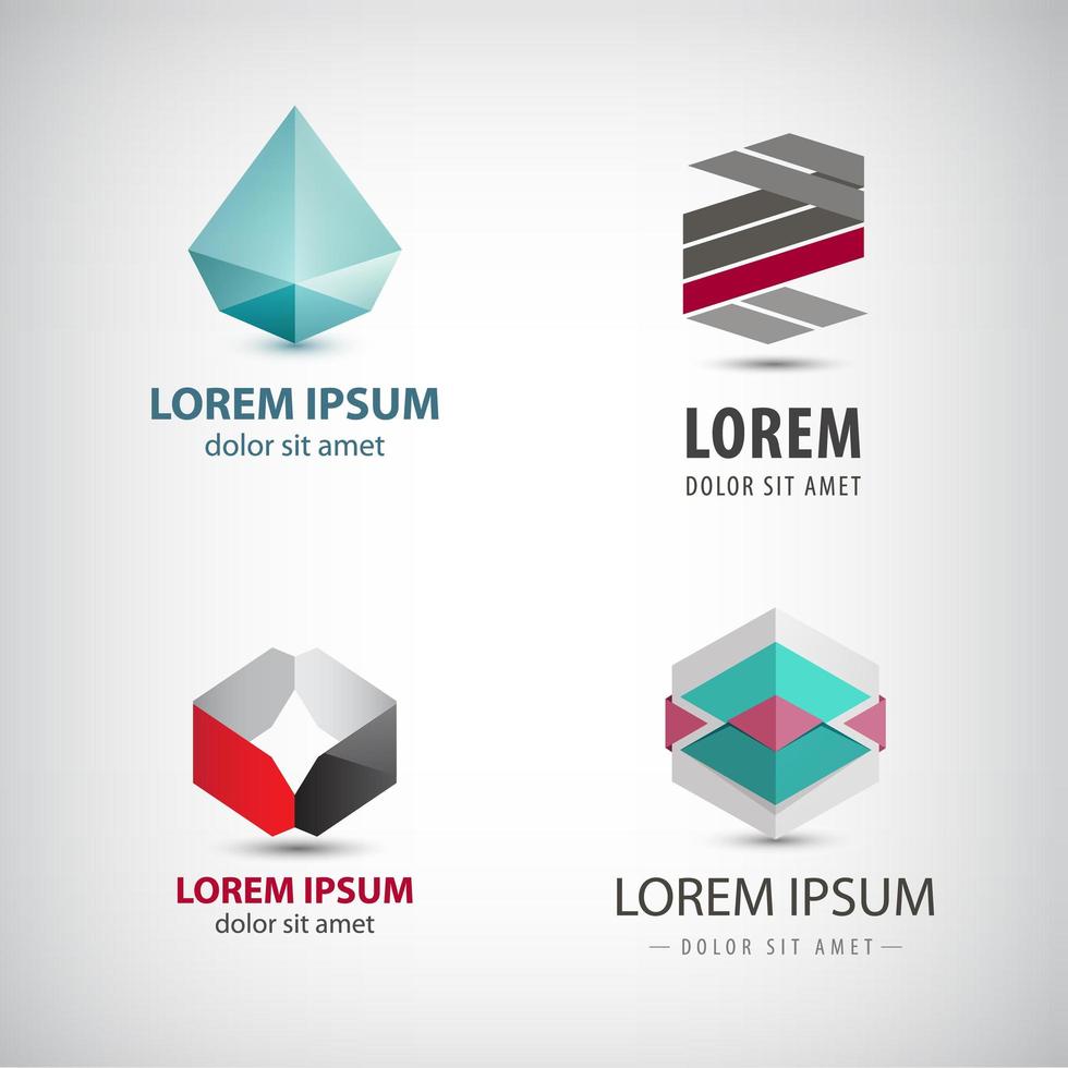 Vector set of abstract origami logos, crystal, faceted, paper icons isolated.