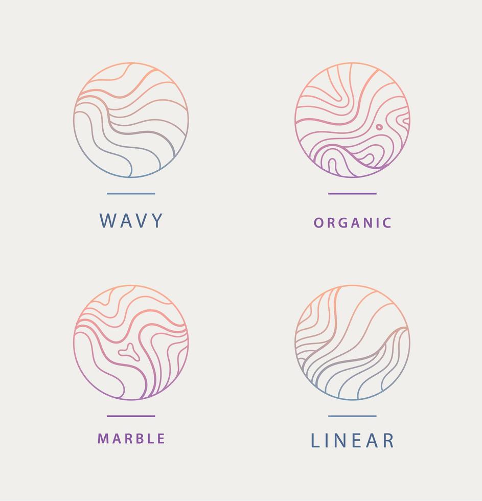 Vector set of abstract wavy minimal organic logos. Marble line emblem for business, badge, print, icon gradient. Nature, landscape, meditation, spa, cosmetics etc.
