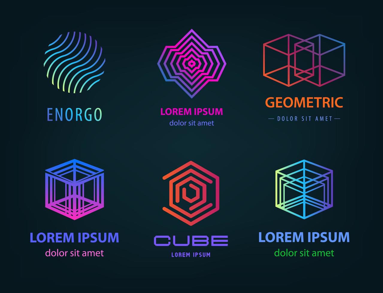 Vector set of linear abstract geometric logos. Cube outline retro 90 s style. Cube, circle