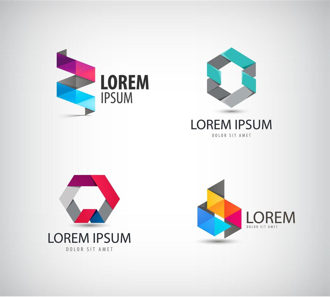 Vector set of abstract colorful ribbon, origami, paper, 3d ions, logos isolated. Identity for company