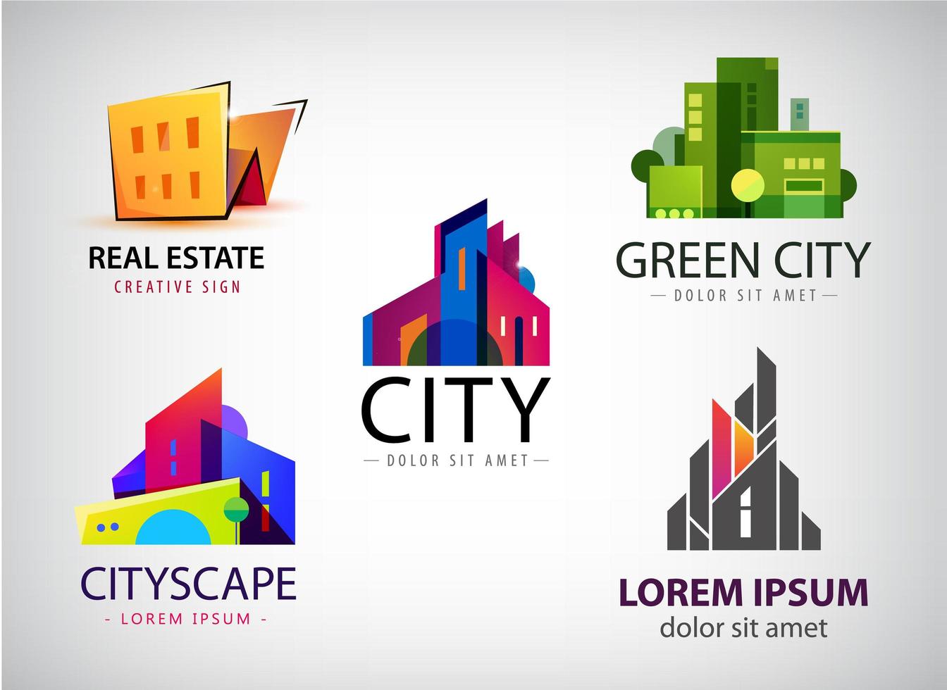 conjunto de vectores de diseños de logotipos inmobiliarios multicolores para identidad visual empresarial, edificios, iconos de paisaje urbano, casas, arquitectura