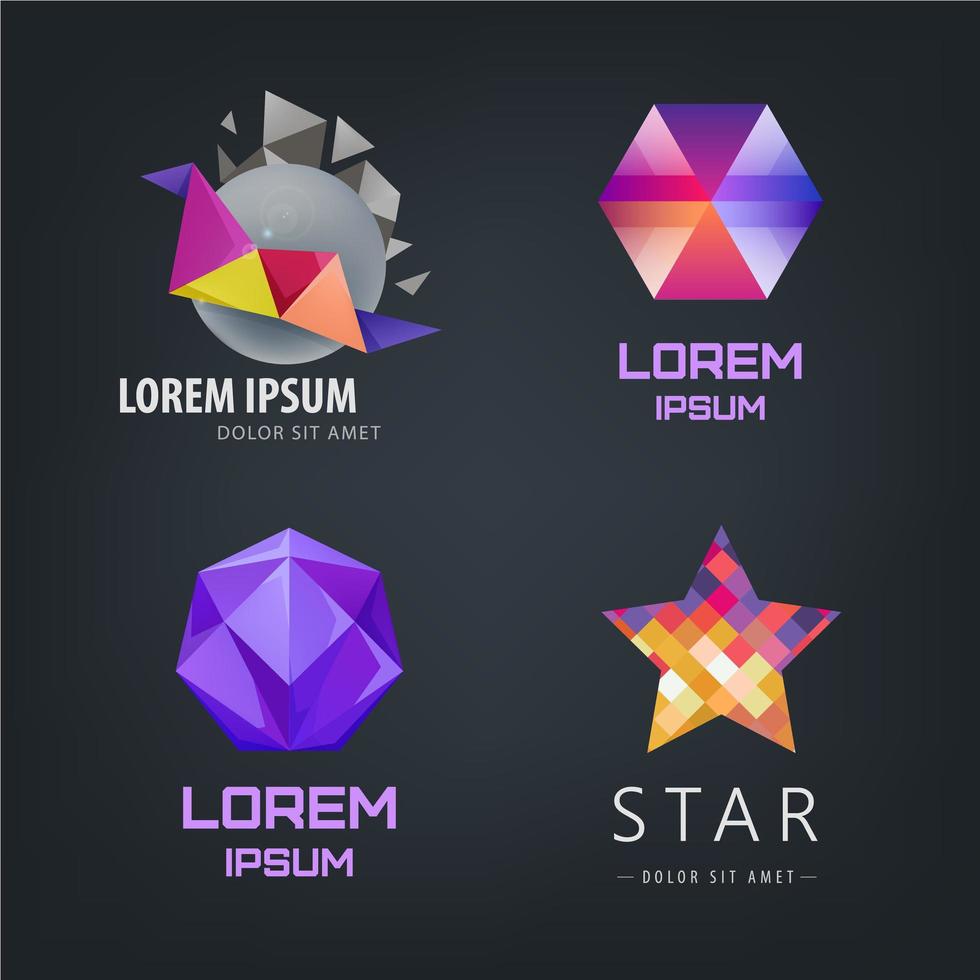 conjunto de vectores de logotipos abstractos aislados sobre fondos oscuros. origami 3d, cristal, facetado