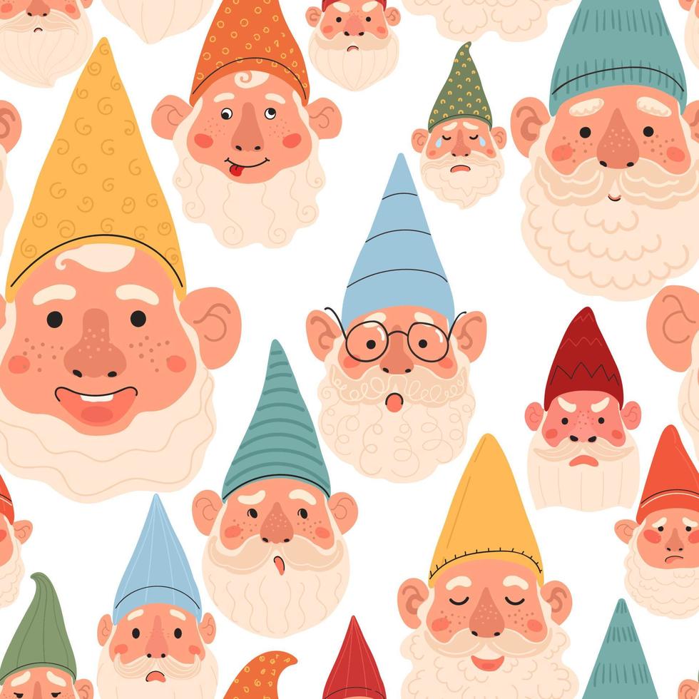 Vector modern seamless pattern with colorful illustrations of garden gnome. Use it for wallpaper, textile print, pattern fills, web page, surface textures, wrapping paper, design of presentation