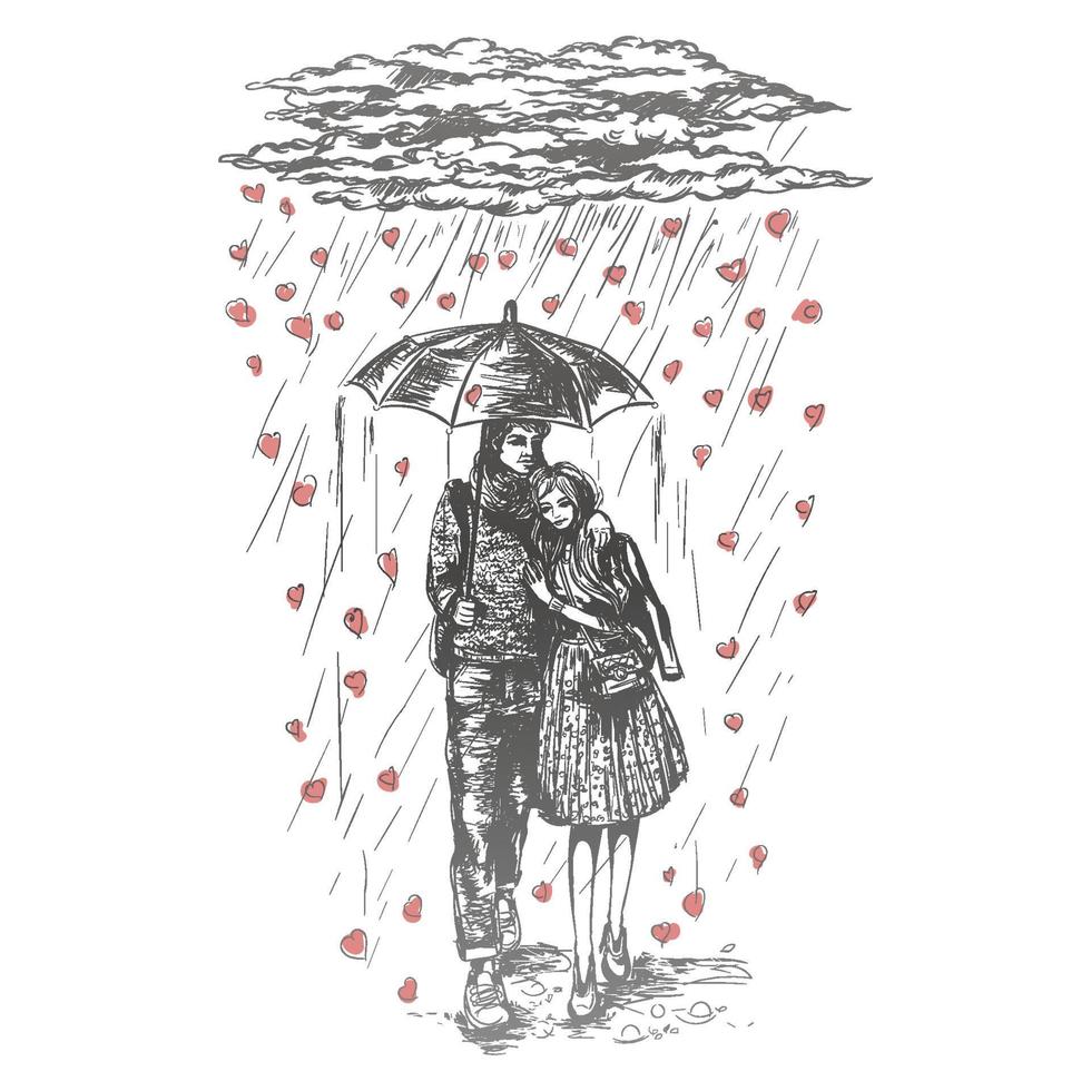 Vector graphic illustration of young couple under umbrella in the rain