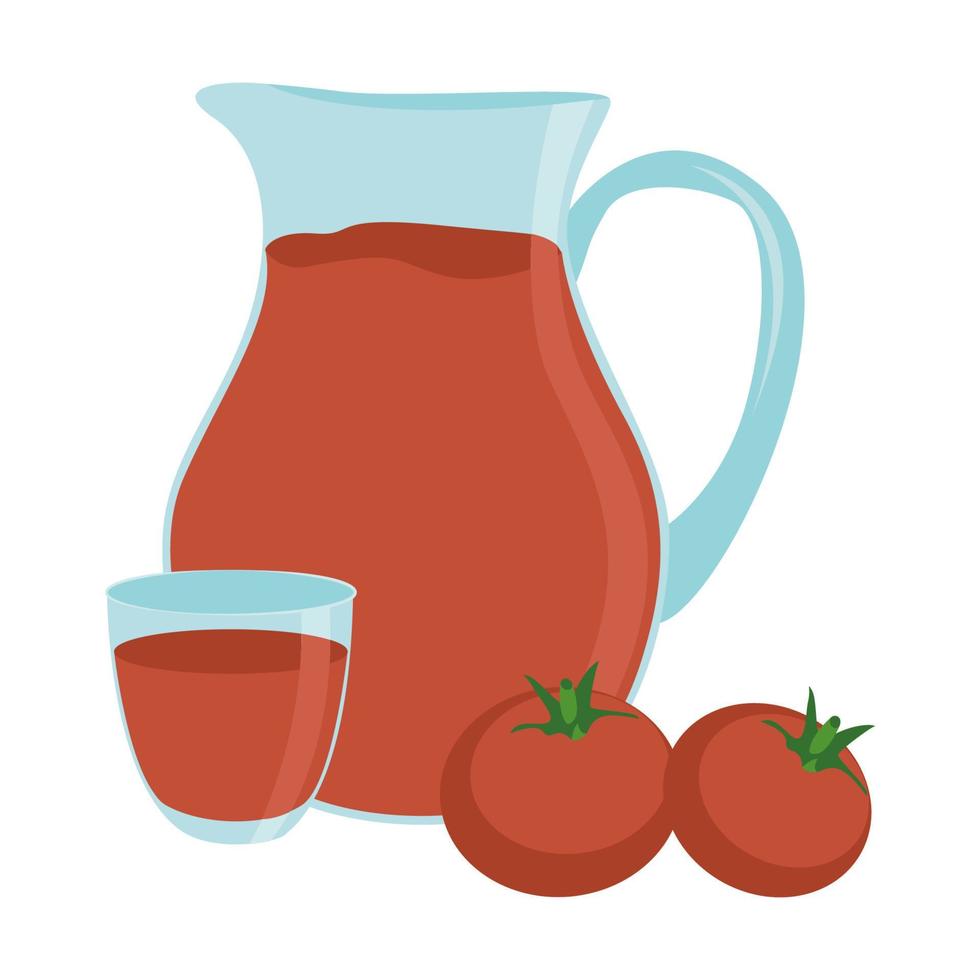 jugo de tomate en una jarra de vidrio transparente. Ilustración de vector aislado de verduras y bebida