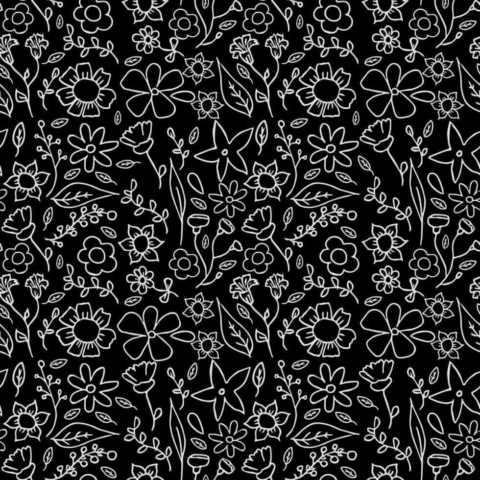 Seamless black pattern with white flowers. Floral background. White flowers isolated on black background vector