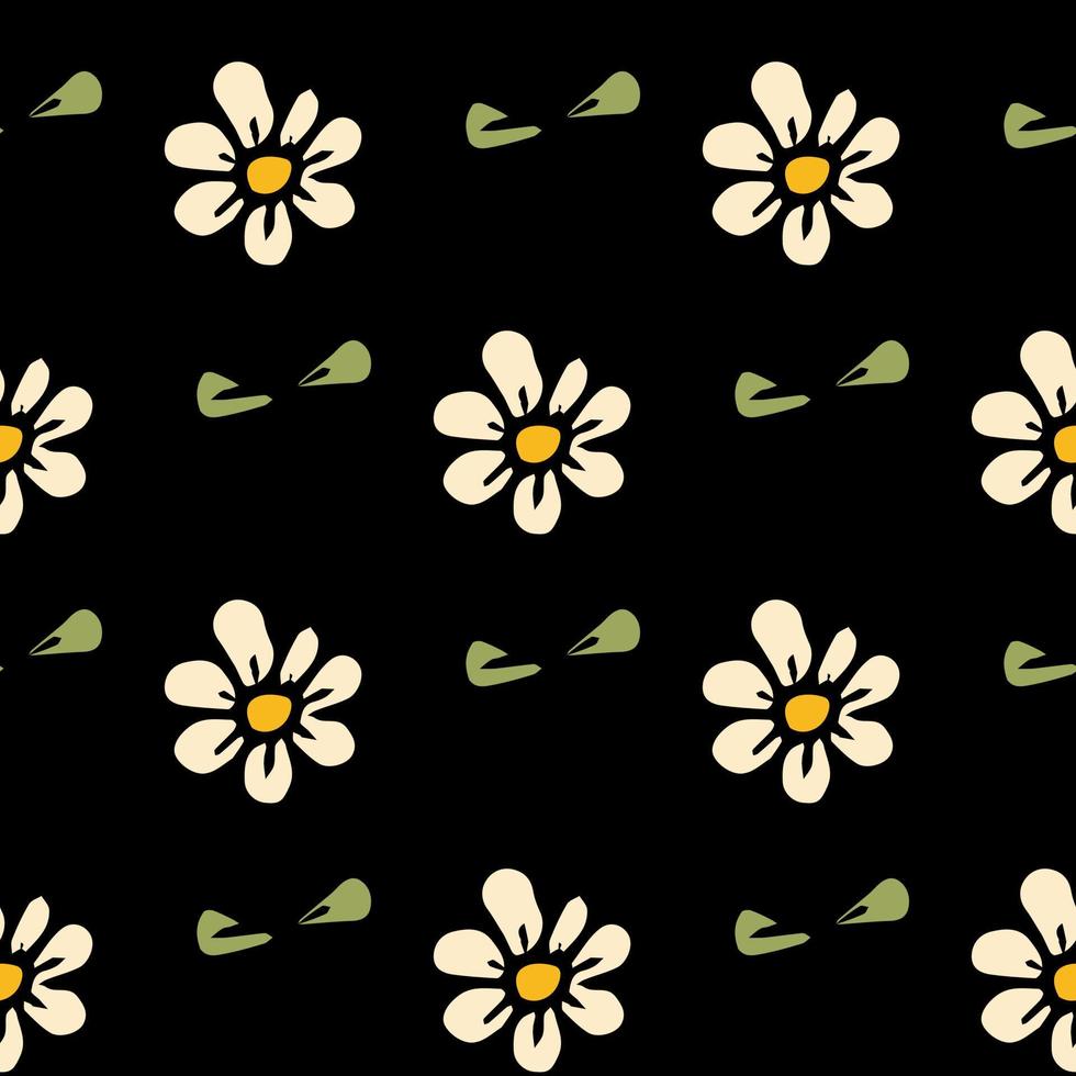 Seamless black pattern with white chamomile flowers. Floral background. White flowers isolated on black background vector