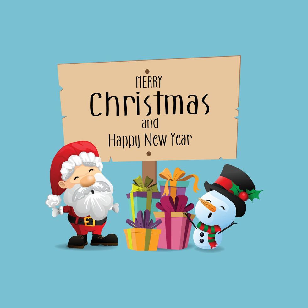 Funny Christmas Greeting Card, With Santa Claus, Deer, Snowman and penguin, vector illustration.