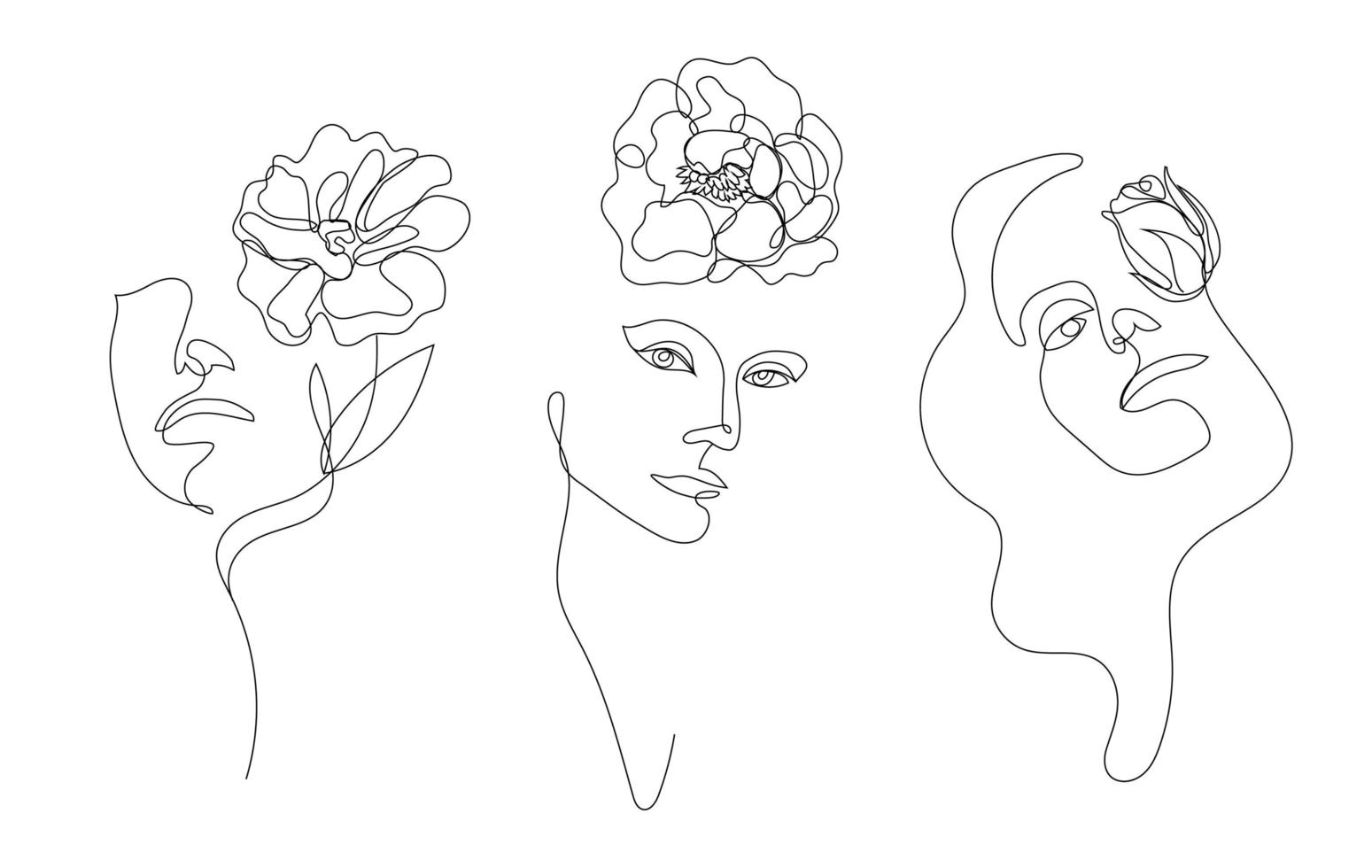 Vector hand drawn linear art, woman faces with flower, continuous line, fashion concept, feminine beauty minimalist. Print, illustration for t-shirt, design, logo for cosmetics, etc