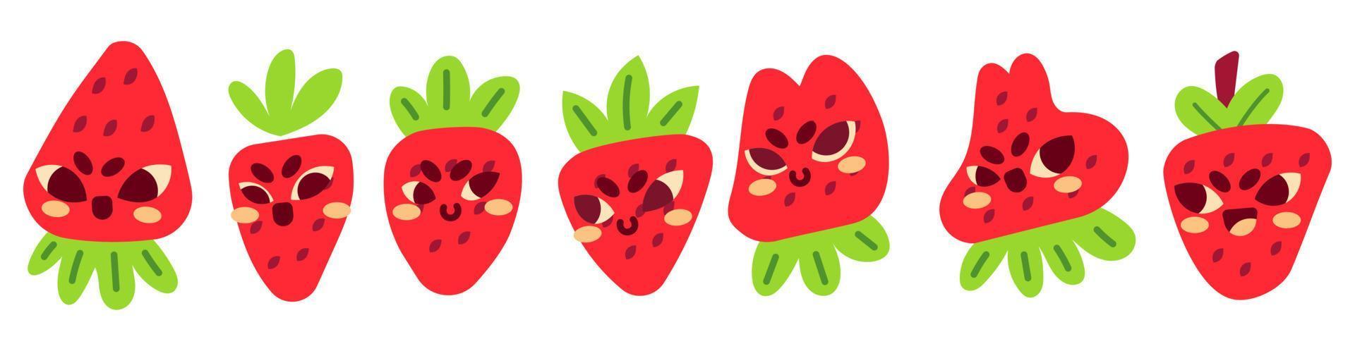 Set of Cute Flat Strawberry Emoticon vector