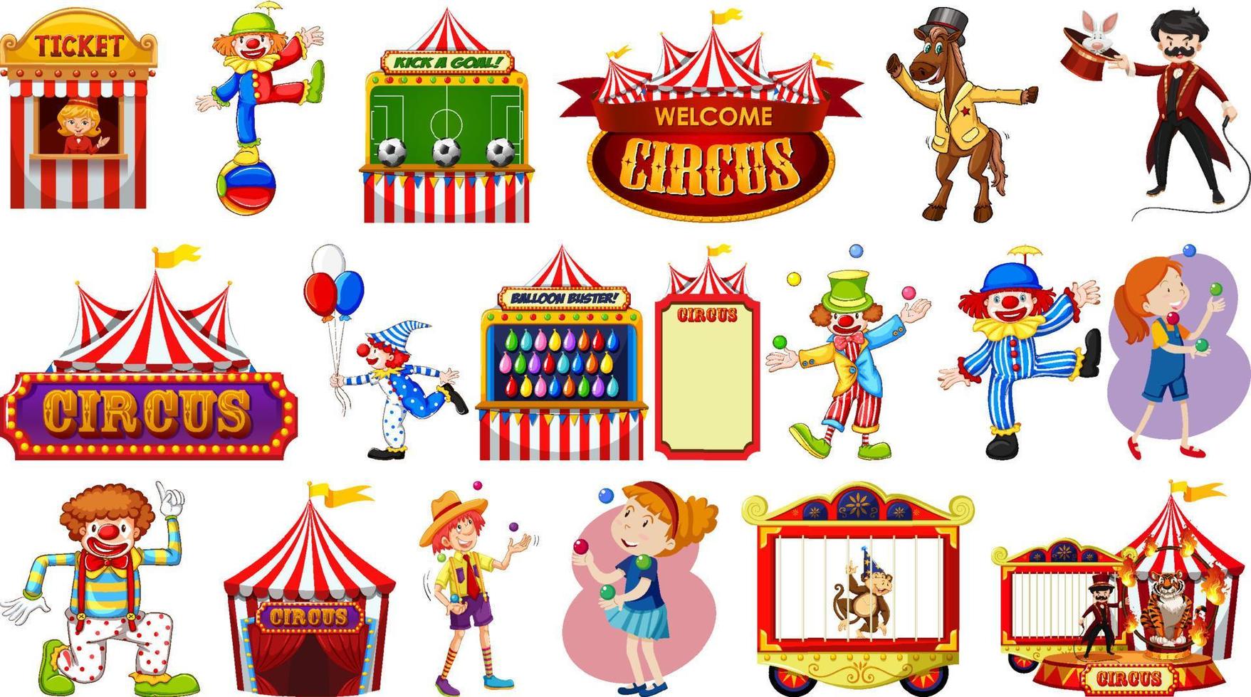 conjunto de personajes de circo y elementos del parque de atracciones. vector