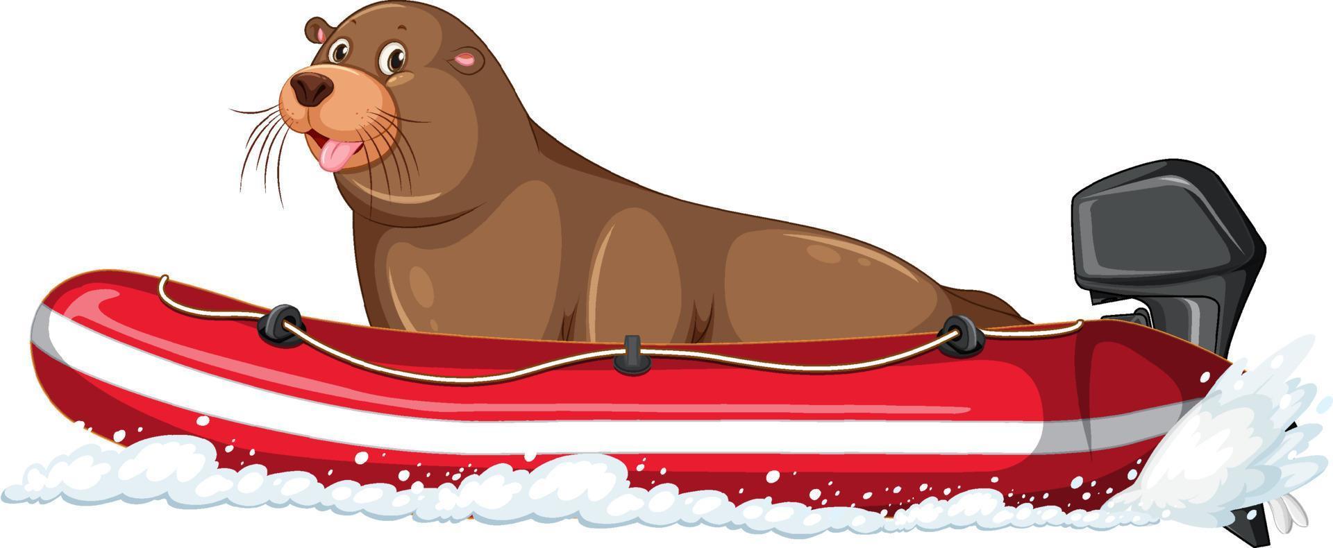 Sea lion on a motor boat in cartoon style vector