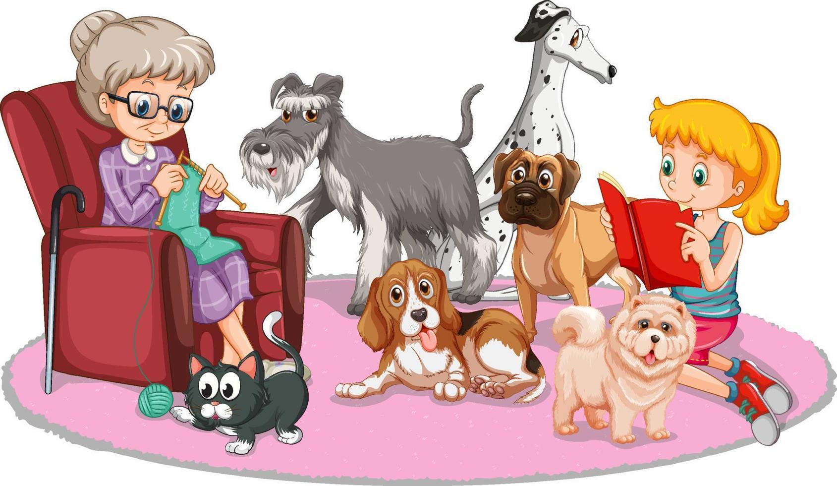 Grandma knitting with her dogs and cats vector