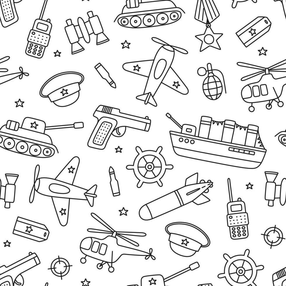 Victory day 9 may seamless pattern. Hand drawn background for Defender of the Fatherland Day 23 february. Kid drawing for army day. Doodle vector illustration on white background