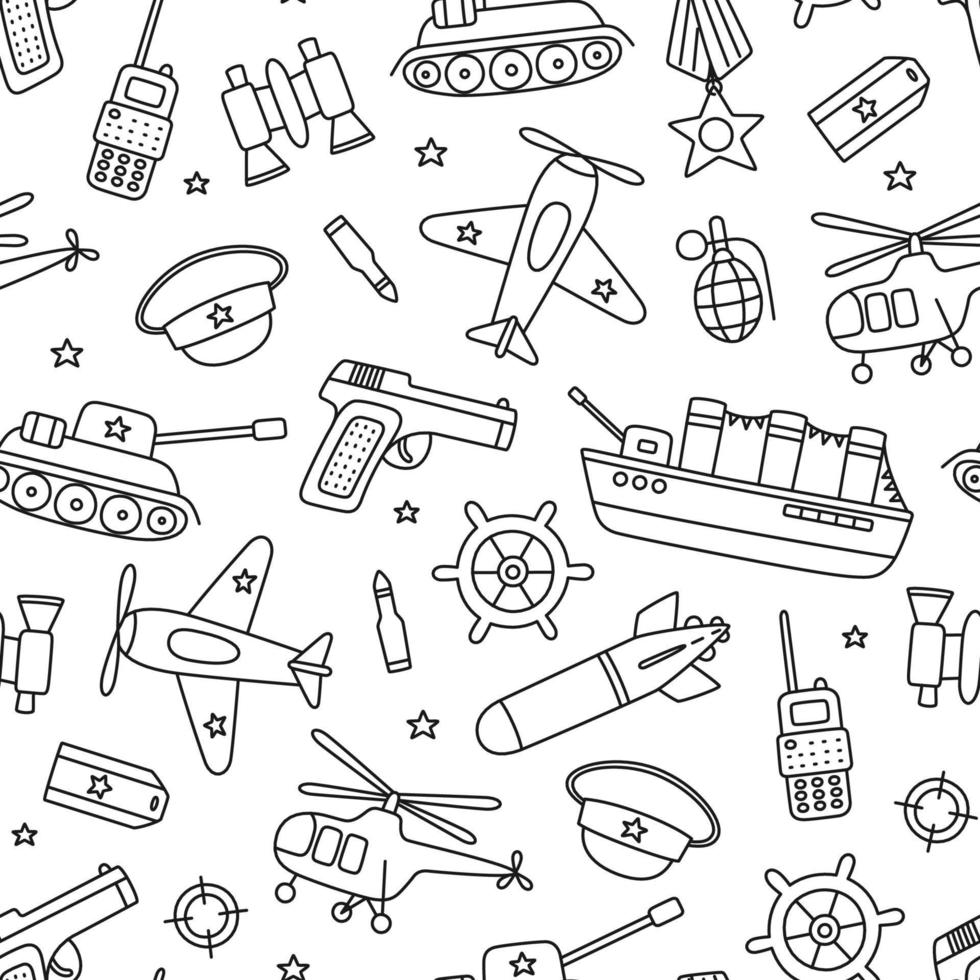 Victory day 9 may seamless pattern. Hand drawn background for Defender of the Fatherland Day 23 february. Kid drawing for army day. Doodle vector illustration on white background