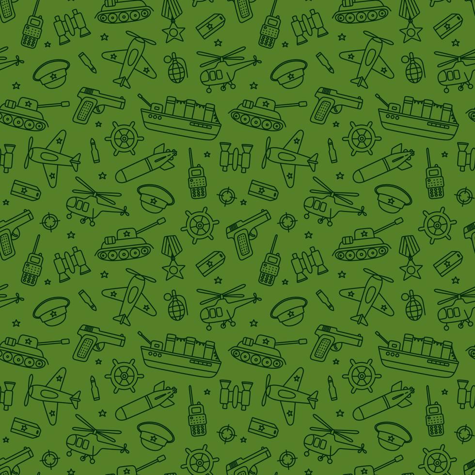 Victory day 9 may seamless pattern. Hand drawn background for Defender of the Fatherland Day 23 february. Kid drawing for army day. Doodle vector illustration on green background