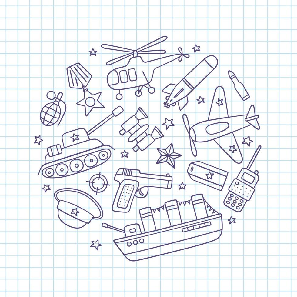 Victory day 9 may and Defender of the Fatherland Day 23 february. Kid hand drawn drawing for army day. Doodle vector illustration on squared notebook background