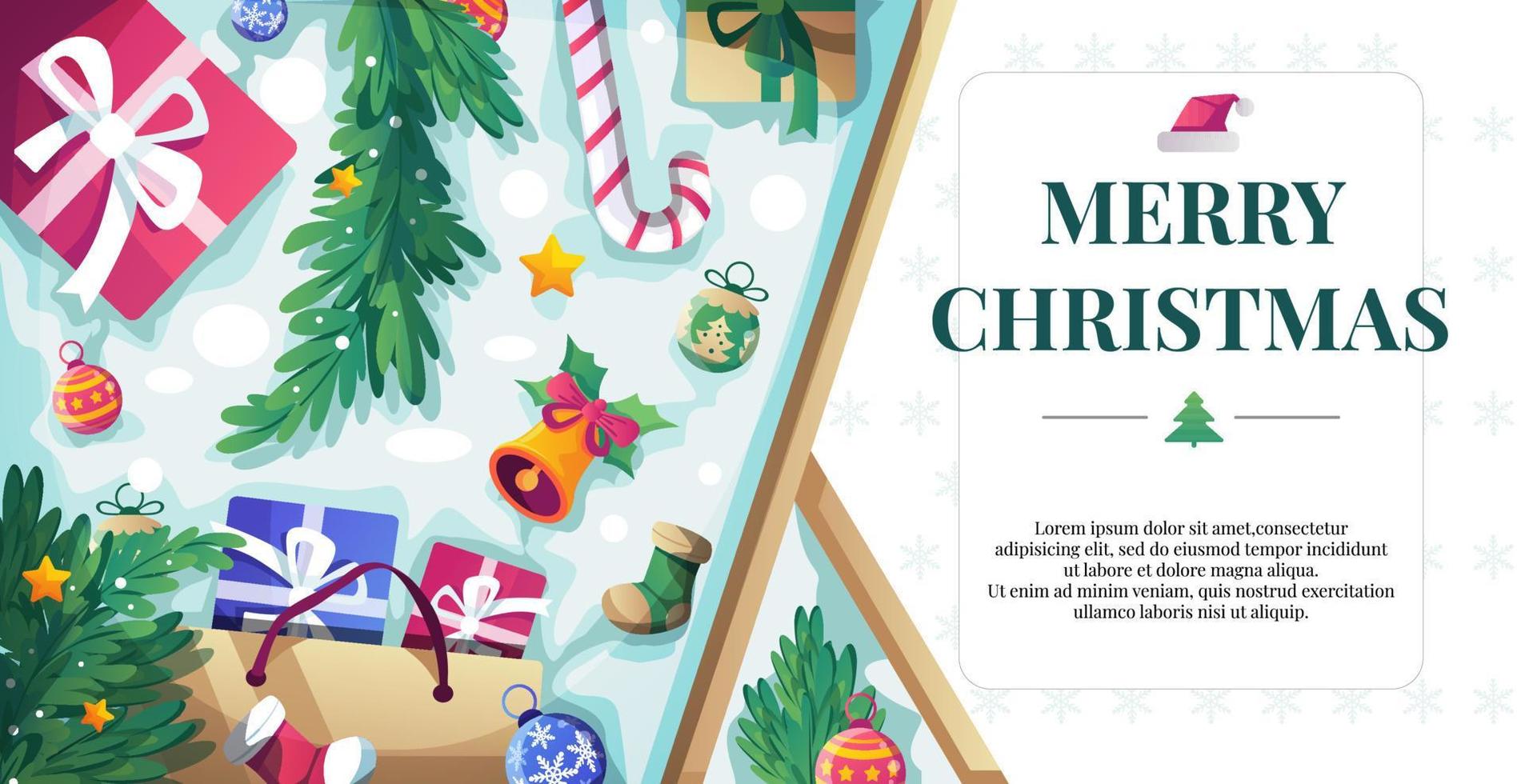 Fondo de feliz navidad y año nuevo con cajas de regalo, adornos de adornos de bolas y árbol de navidad. Tarjetas de felicitación navideñas horizontales, carteles, banner web ilustración vectorial vector