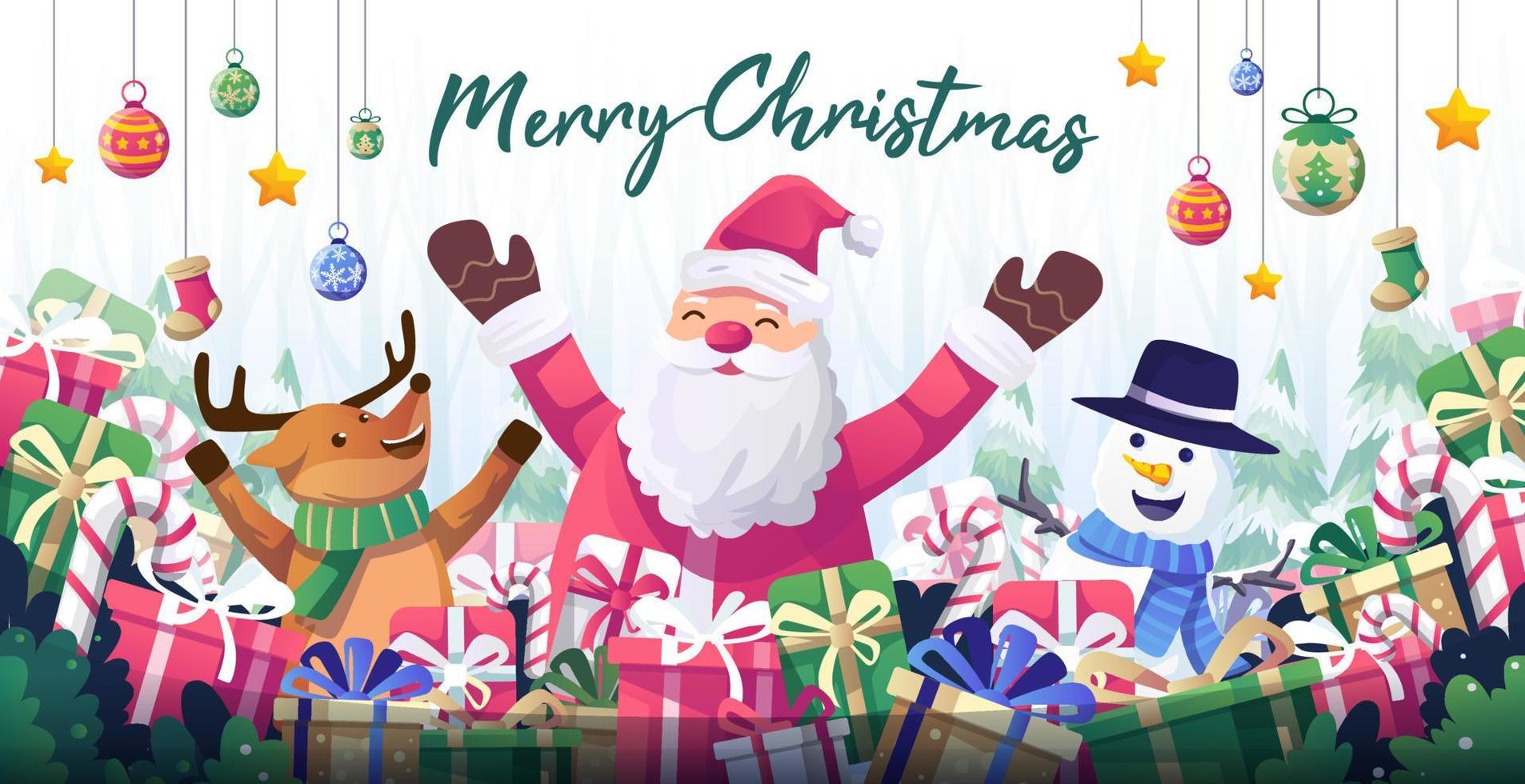 Merry Christmas banner background. Happy Santa Claus, reindeer and snowman merry Christmas along with decorations and gift boxes. winter, Christmas trees and snow background. Vector illustration