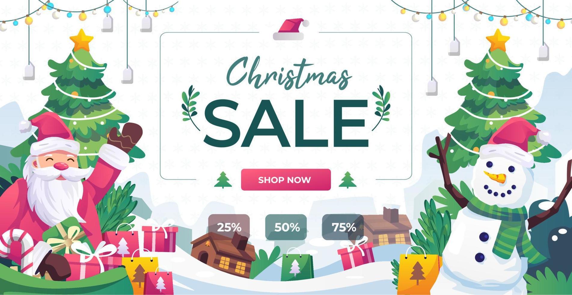 Christmas sale, Discount web banner with Happy Santa Claus and snowman merry Christmas. Decorations, Christmas tree and gift boxes background. Vector illustration