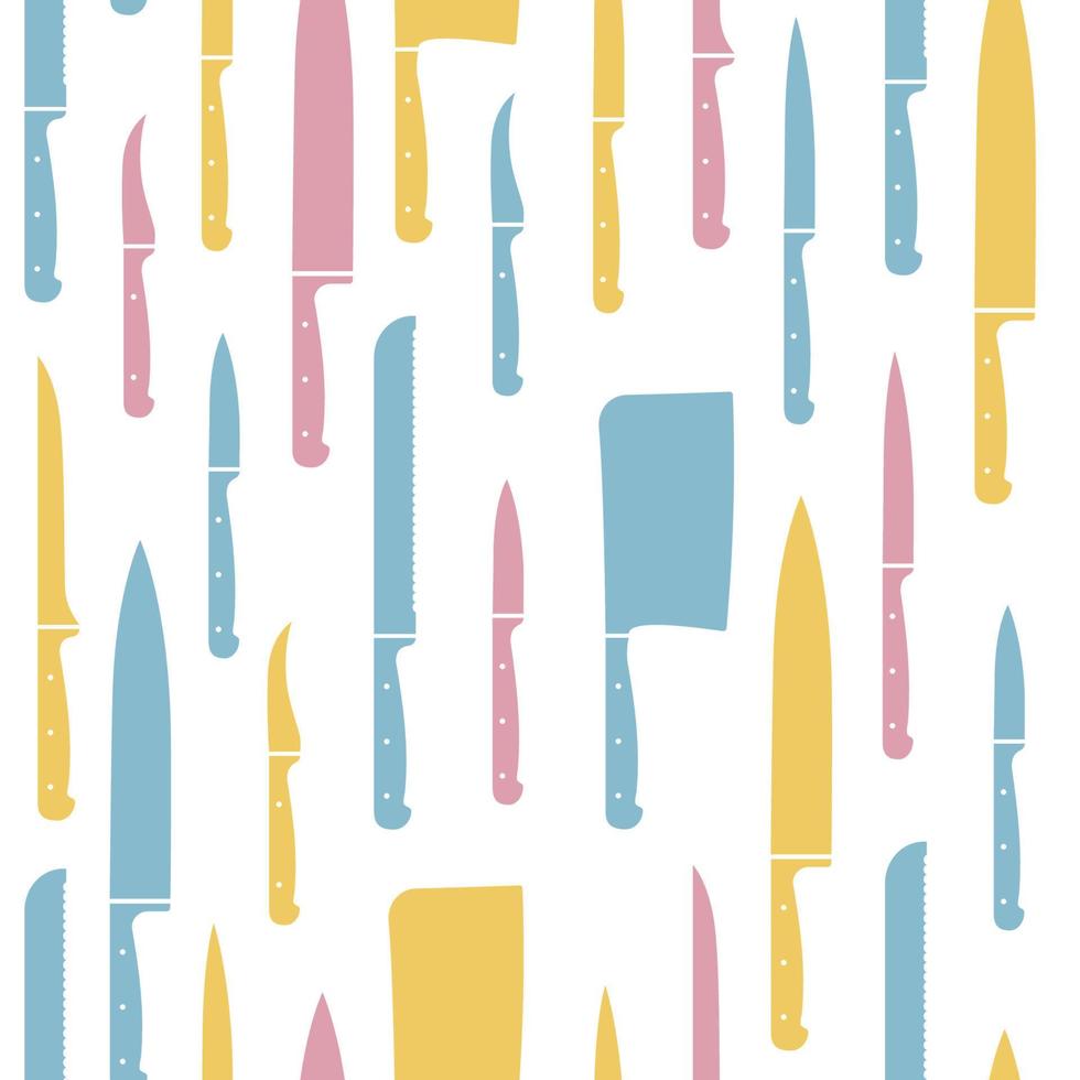 Seamless pattern of colorful kitchen knives on white background. vector