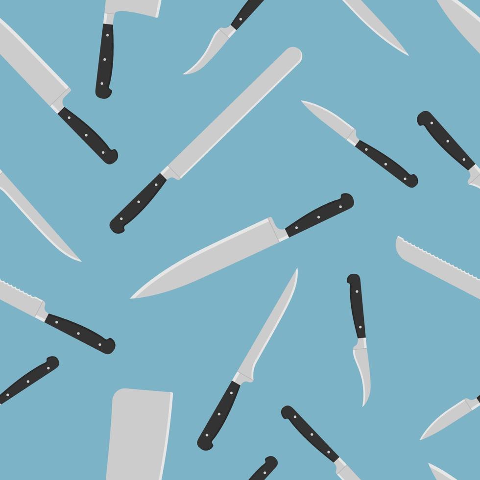 Seamless pattern of kitchen knives with black handles on blue background. Kitchen utensil background. vector