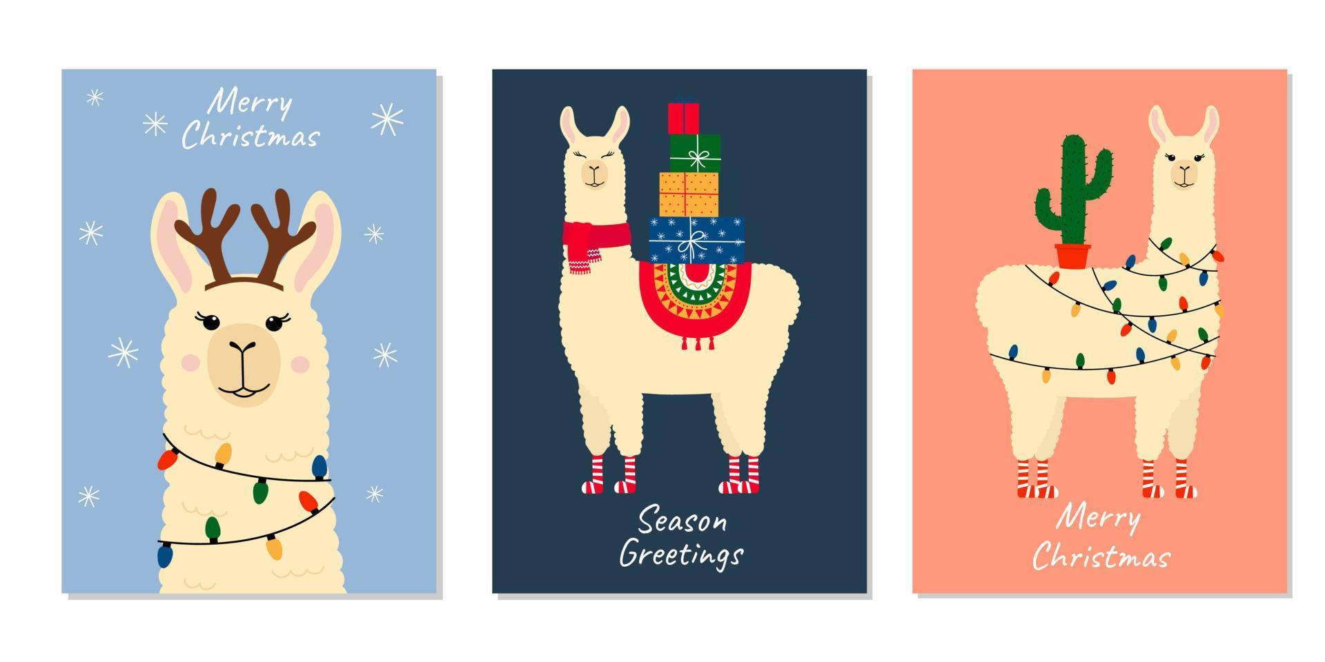 conjunto de tarjetas de felicitación navideñas con linda llama. plantilla para guardería, cartel, navidad, tarjeta de felicitación de cumpleaños, invitación. vector