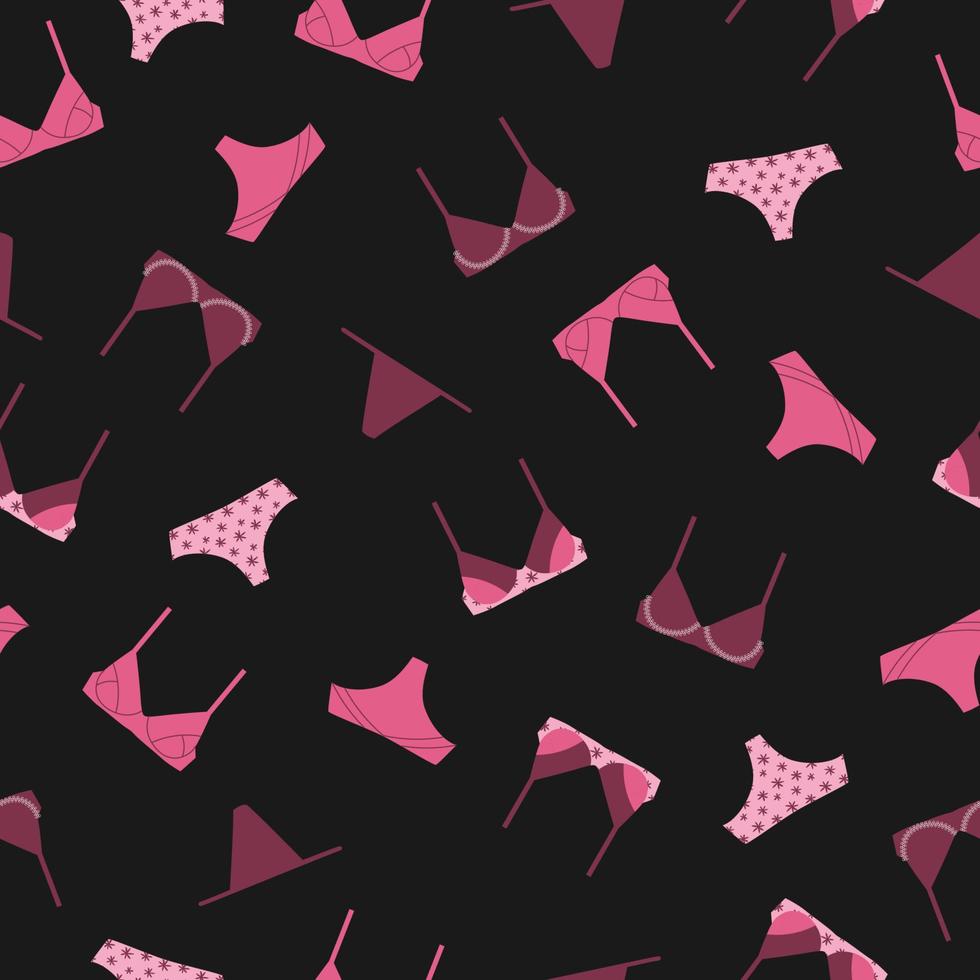 Seamless pattern of lingerie in pink colors on black background. Female underwear, lingerie background. Panties, bikinis and bras. vector