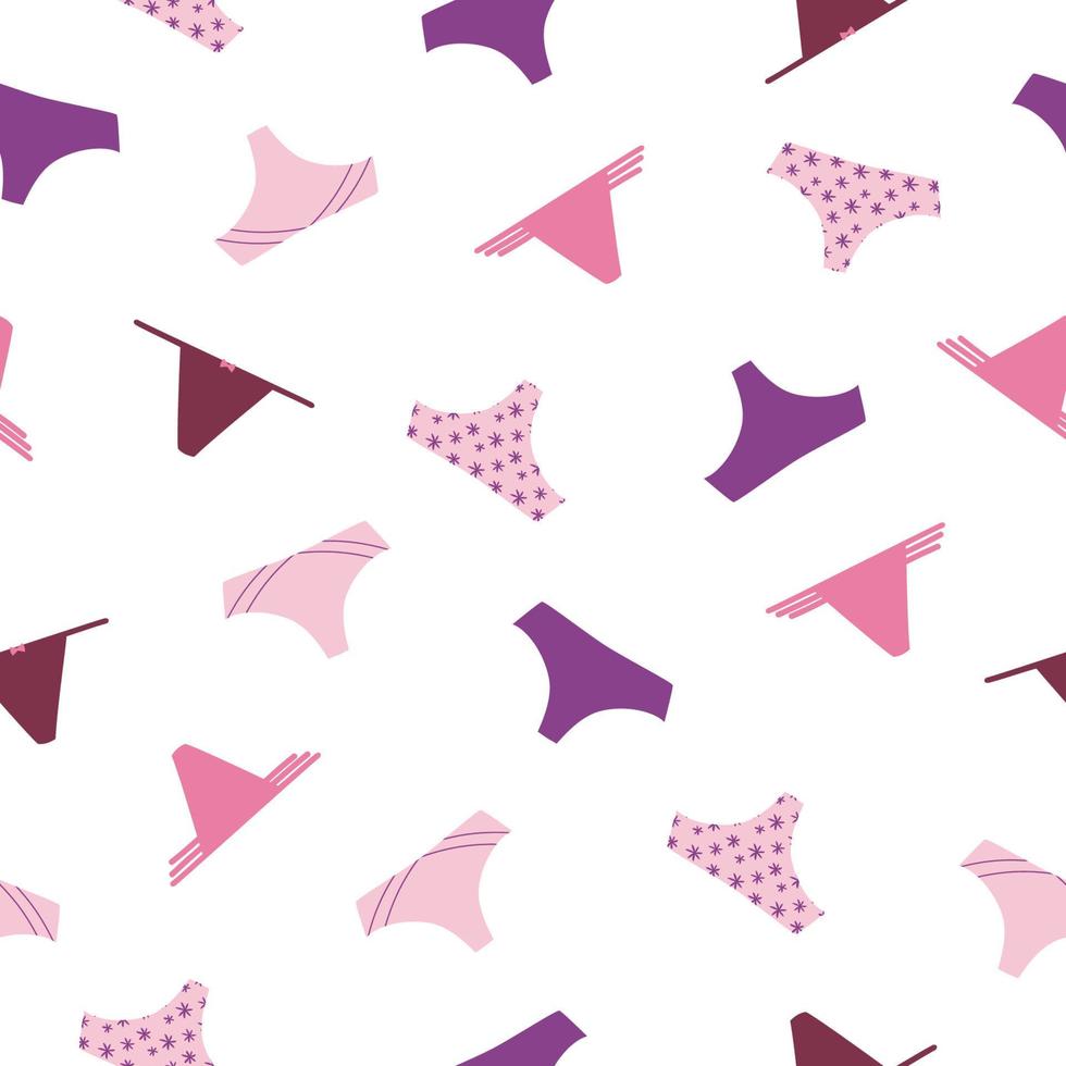 Seamless pattern of panties and bikinis in pink colors on white background. Female underwear, lingerie background vector