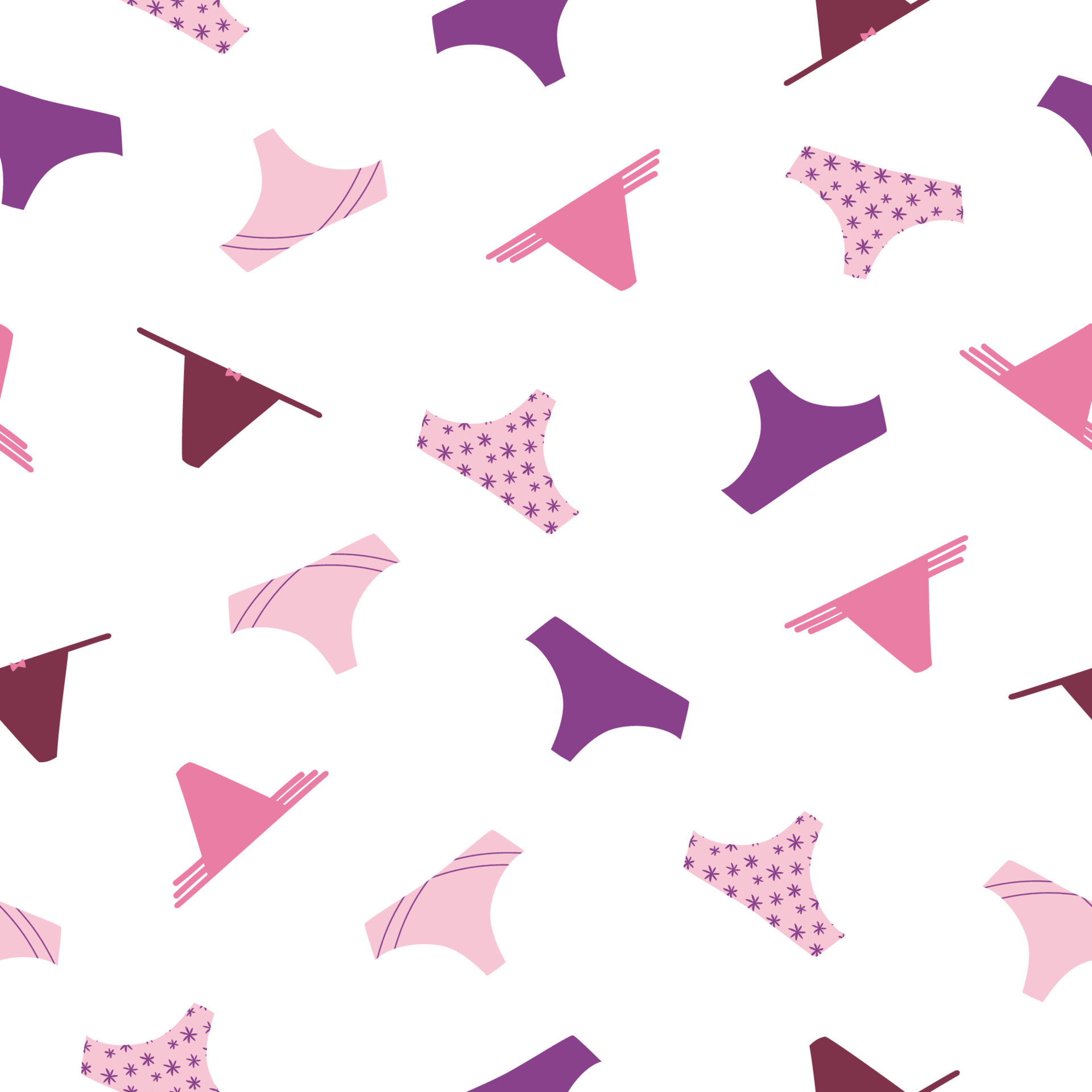 Seamless pattern of panties and bikinis in pink colors on white